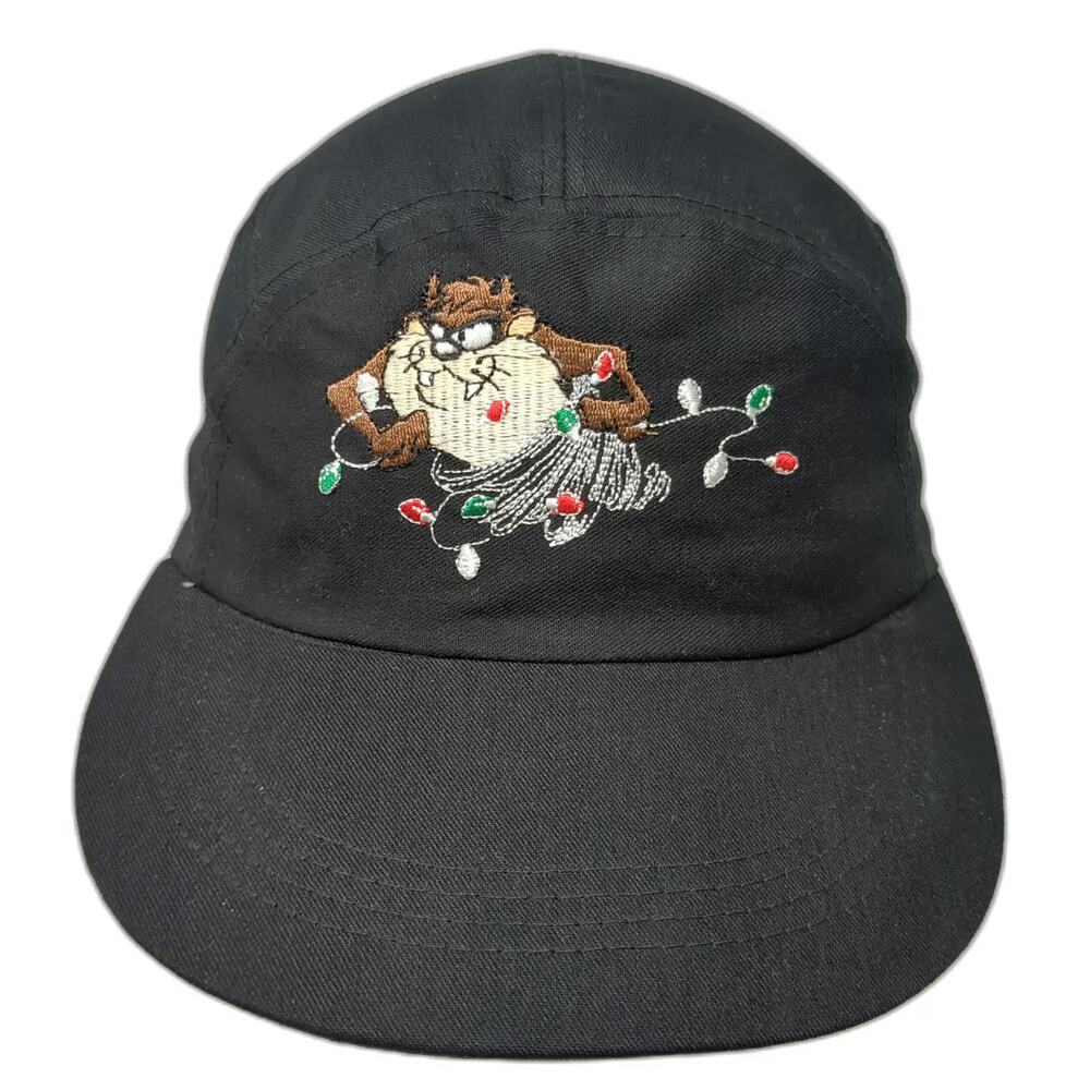 Looney Tunes 5 Panel Hat Black Vintage Taz the Season Christmas Lights Holiday